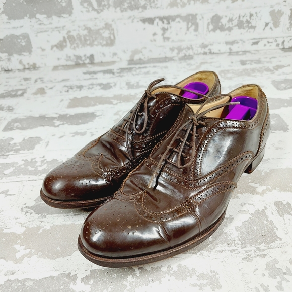 Neiman Marcus Brown Leather Wingtip Brogue Lace Up Oxford Shoe - Picture 2 of 12